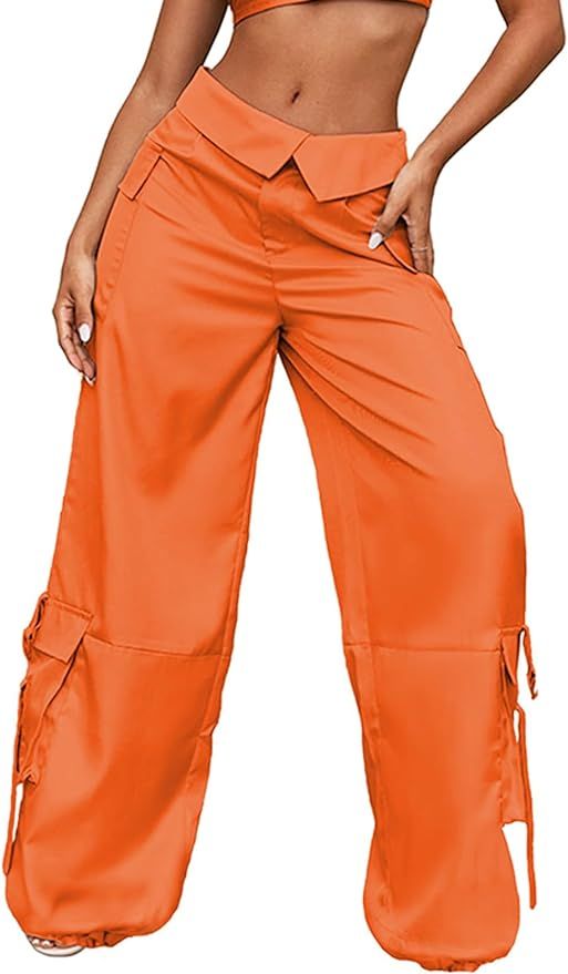 Cargo Pants for Women Lapel Waist Parachute Pants Casual Straight Pants with Flap Pockets | Amazon (US)