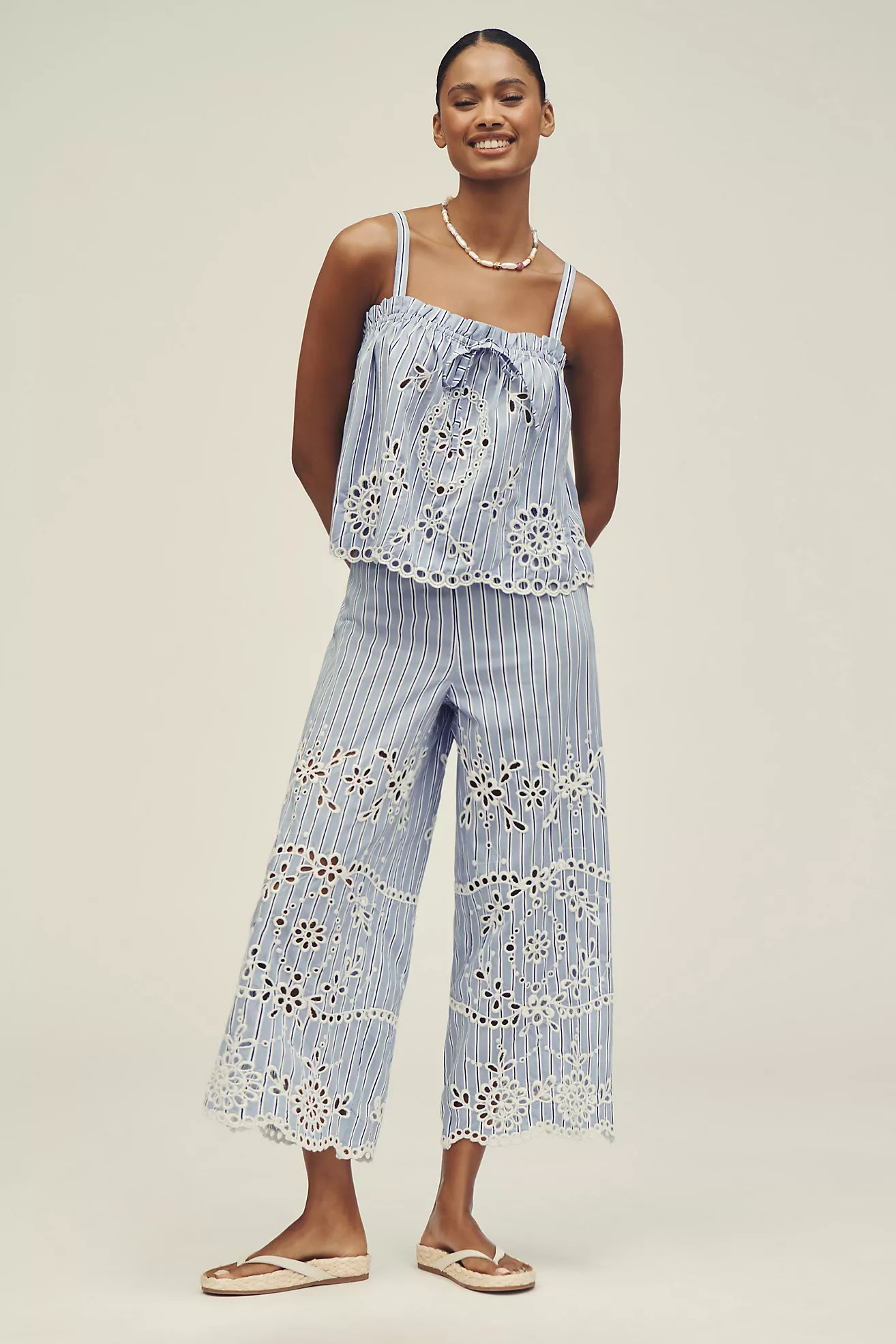 Maeve Eyelet-Stripe Wide-Leg Pants | Anthropologie (US)
