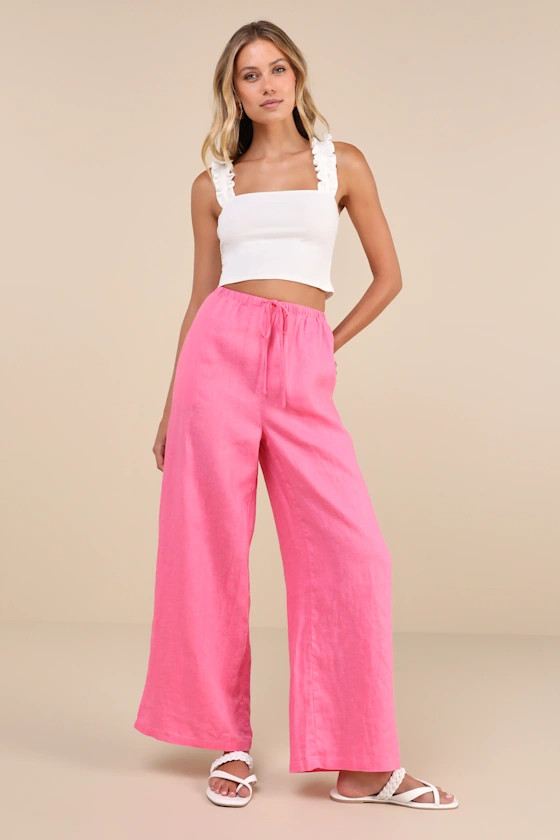Emma Hot Pink Linen Wide-Leg Drawstring Pants | Lulus