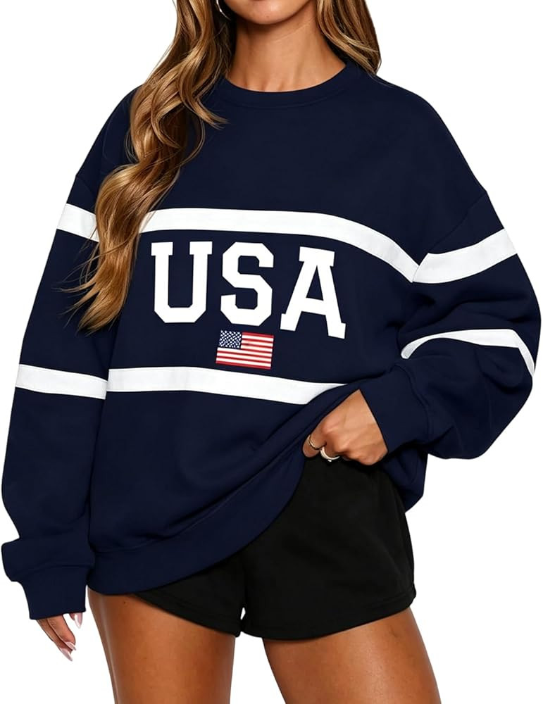 LEEDYA Womens USA Sweatshirt Crewneck American Flag Sweater Oversized Long Sleeve Pullover Tops 4... | Amazon (US)