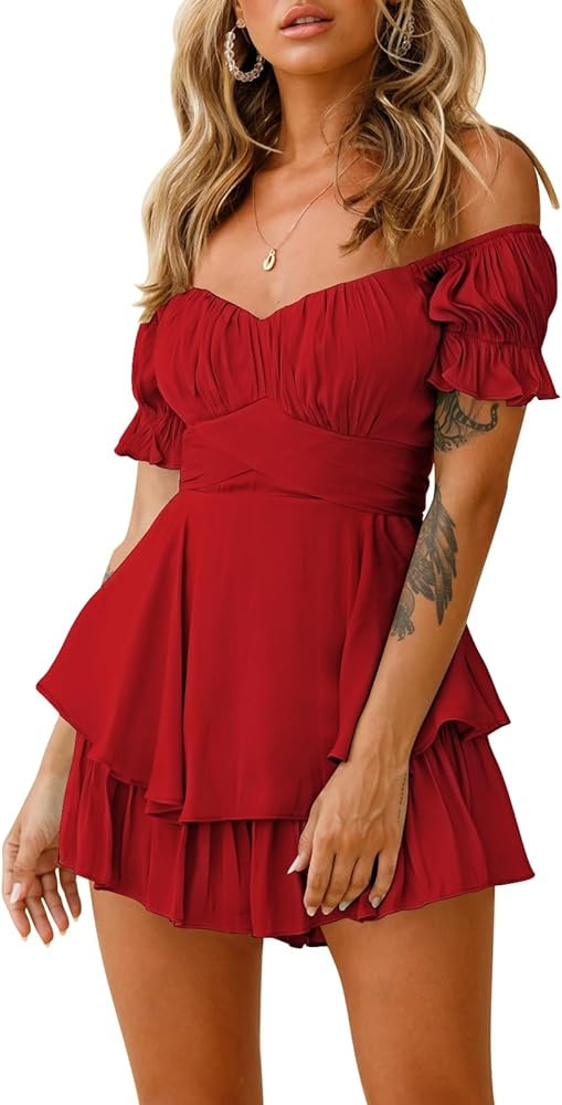 Fixmatti Women Boho Romper Off Shoulder Ruffle Chiffon Shorts Jumpsuit Playsuits | Amazon (US)