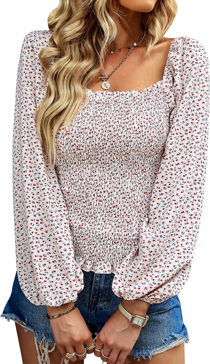 Womens Casual Floral Printed Smocked Tops Puff Long Sleeve Square Neck Elastic Slim Fit Blouses S... | Amazon (US)
