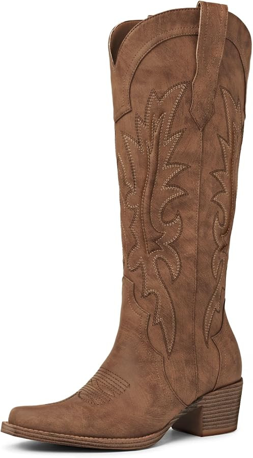 Women's Knee High Cowboy Boots Pointed Toe Embroidered Western Boots Chunky Heel Fashion Cowgirl ... | Amazon (US)