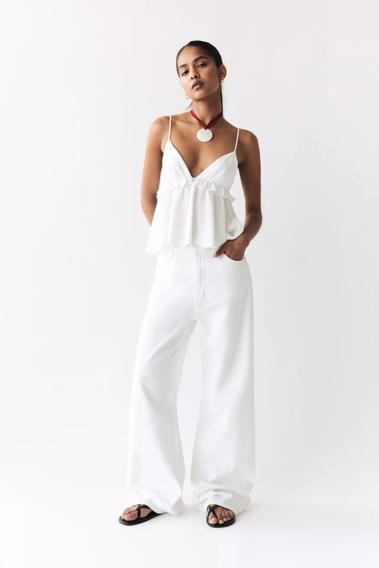 Ruffled linen blend top | PULL and BEAR UK