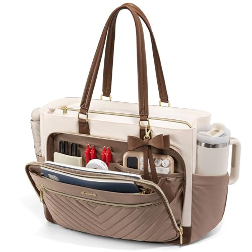 LOVEVOOK Laptop Tote Bag for Women, Work Bag Teacher Tote with Large Cup Holder, Quilted Nurse Diaper Bag for Travel, College Computer Women's handbags for Teacher gift, Khaki-beige-coffee, 15.6 Inch | Amazon (US)