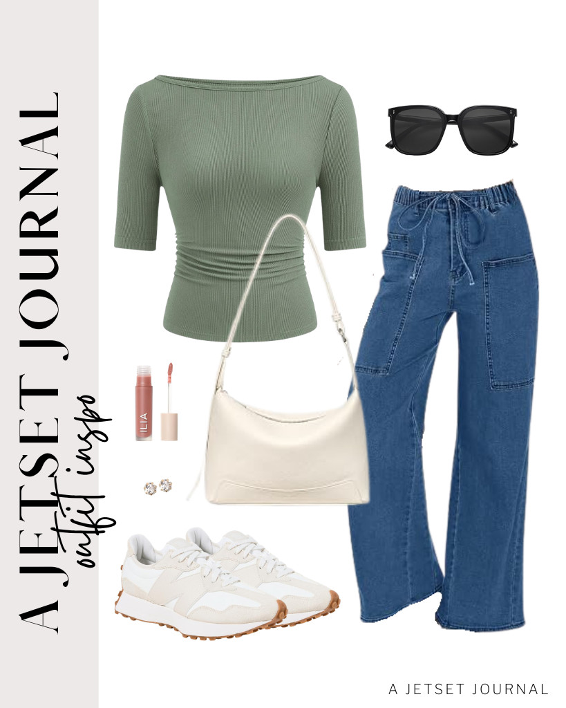 You can wear this green boat-neck top from PRETTYGARDEN with these drawstring jeans, too! For this fit, you can use New Balance sneakers and a BOSTANTEN crossbody purse. Complete this look with SOJOS sunnies and stud earrings.

#LTKSeasonal #LTKSaleAlert #LTKTravel
 

 