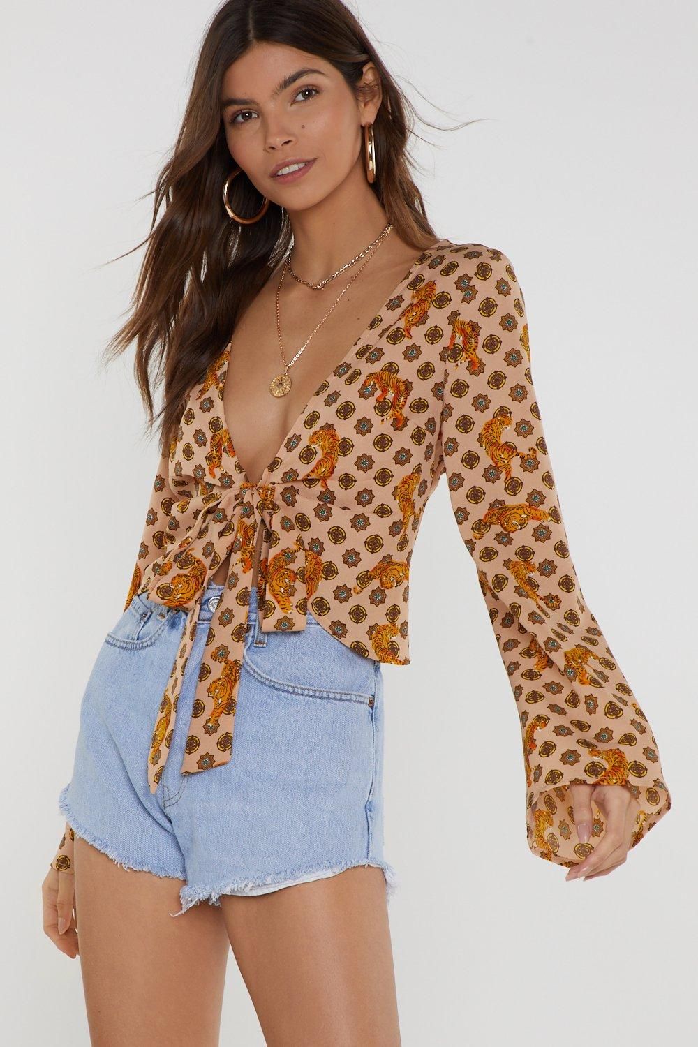 Tiger Print Flare Sleeve Tie Front Top | NastyGal (UK, IE)