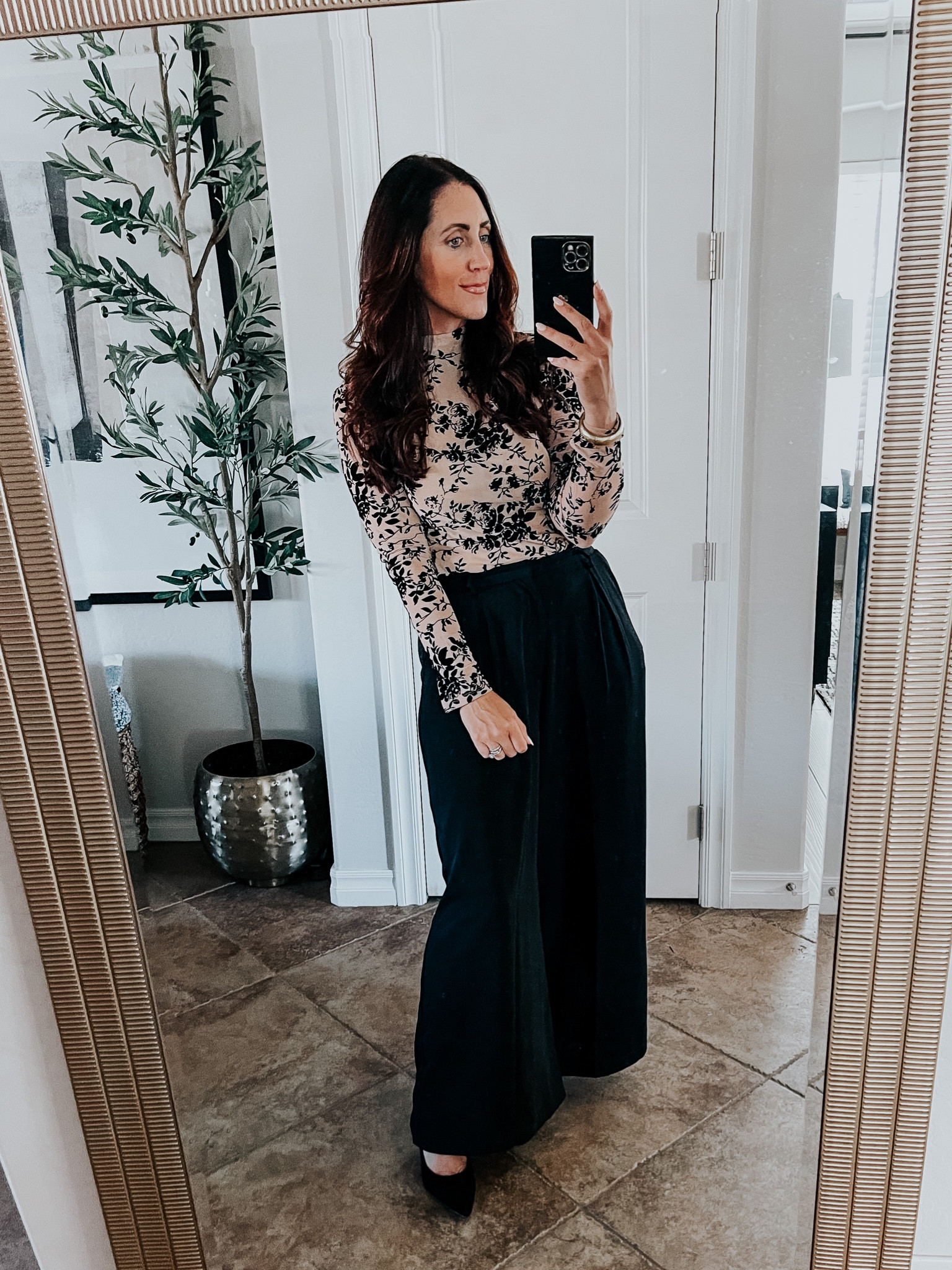 Mesh, mock neck, turtleneck with velvet floral detail, (size small) and white leg trousers (small) 🖤 
Holiday style
Holiday outfit idea 
Amazon fashion 

#LTKstyletip #LTKfindsunder50 #LTKHoliday