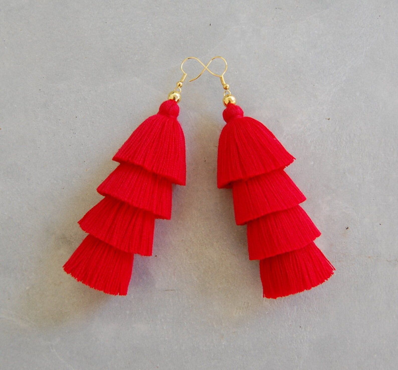 Handmade Four Tiered Red Tassel Earrings | Etsy (US)