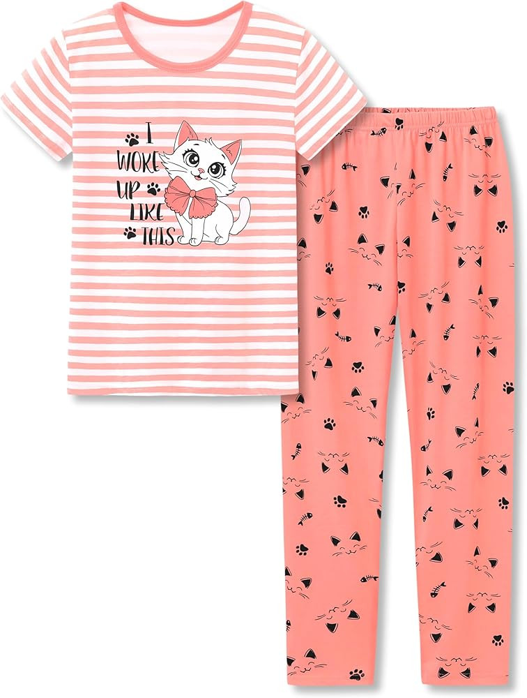 Tebbis Girls Pajamas Cotton Soft PJS Cupcake/Butterfly Stripe Summer Short Cute Jammies Size 6-18 | Amazon (US)