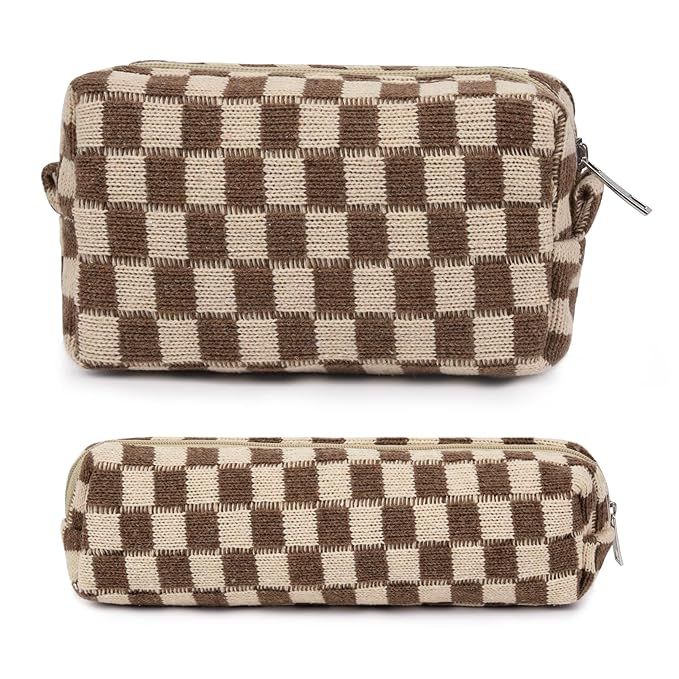 Large Capacity Makeup Bag and Brush Storage Bag - Checkered Cosmetic Bag and Travel Toiletry Orga... | Amazon (US)
