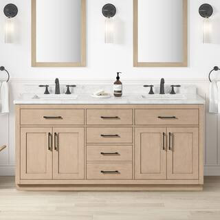 Athea 72 in. Double Sink Sahara Birch Bath Vanity w/ White Engineered Marble Top and Integrated Power Outlet (Assembled) | The Home Depot