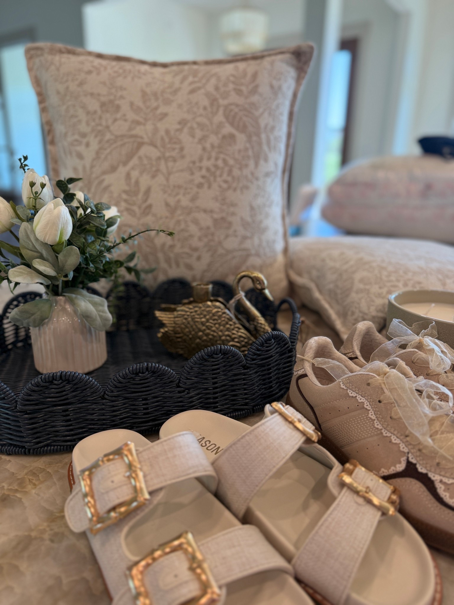 TJ maxx finds | TJ maxx haul | scallop tray | tulips | spring refresh | neutral pillows | throw pillows | Birkenstocks | sandals | sneakers | candle | swan candle holder | lamps | scallop lamp | console table | side table | drink table | Jenny Lind | wood table | home decor | interior design | bella lux | Martha Stewart | Laura Ashley | vase | modern organic home | transitional style | 4th of july | memorial day| navy blue tray | Americana pillow | red white and blue | Mother’s Day gifts | Mother’s Day frame | Mother’s Day 2026 | grandma gift | mother in law gift | outdoor furniture | patio furniture | bench seat | primary bedroom bench | ruffle bench | outdoor seating | marble table | candle warmer | rechargeable lamp | stay at home mom shopping finds 