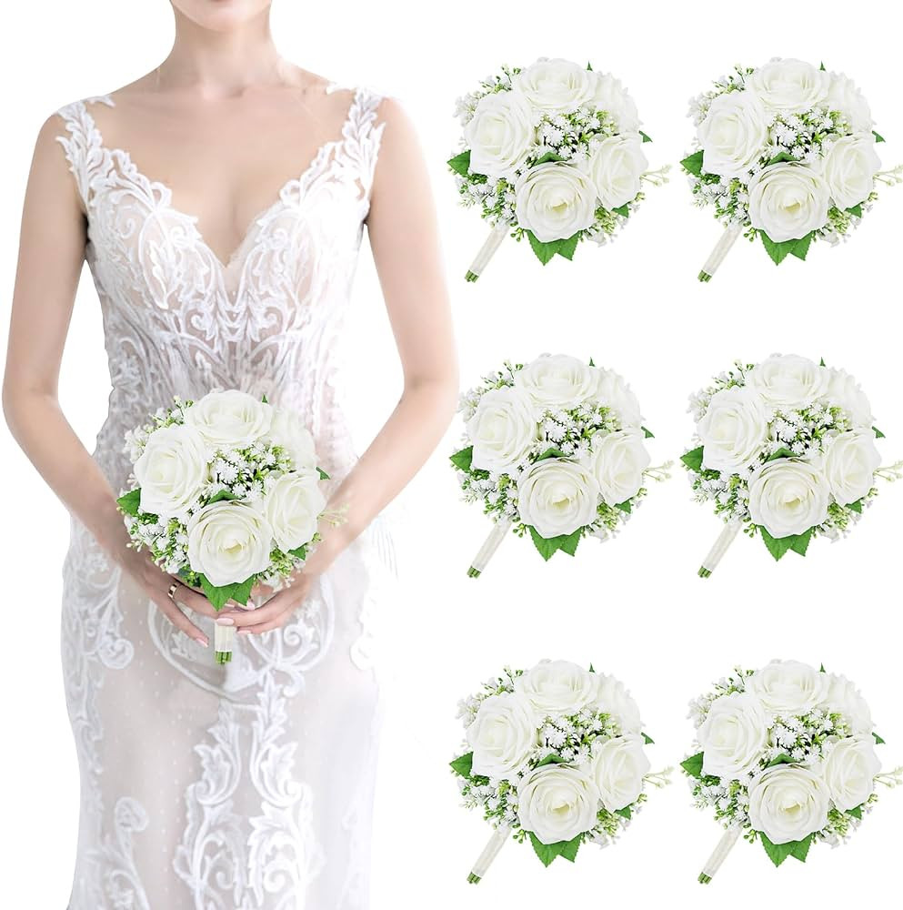 Artificial Bridesmaid Bouquet Set of 6 - 7 Inch Ivory White Rose Bridesmaid Flower Bouquets Babys... | Amazon (US)