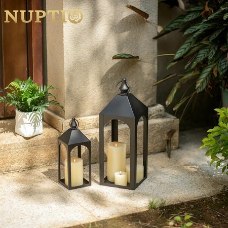 Nuptio Decorative Black Metal Pillar Candle Holder Lantern，Indoor Outdoor Lanterns for Porch & Patio ,12" & 17" Set of 2 ,No Glass S+M | Walmart (US)