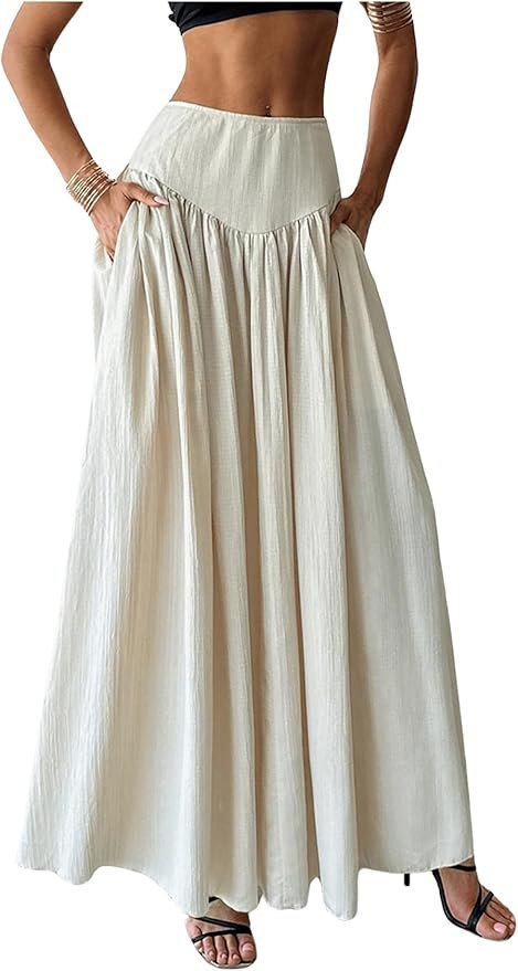Milumia Women's Pleated Flowy Long Skirts High Waist Maxi Skirt with Pocket | Amazon (US)