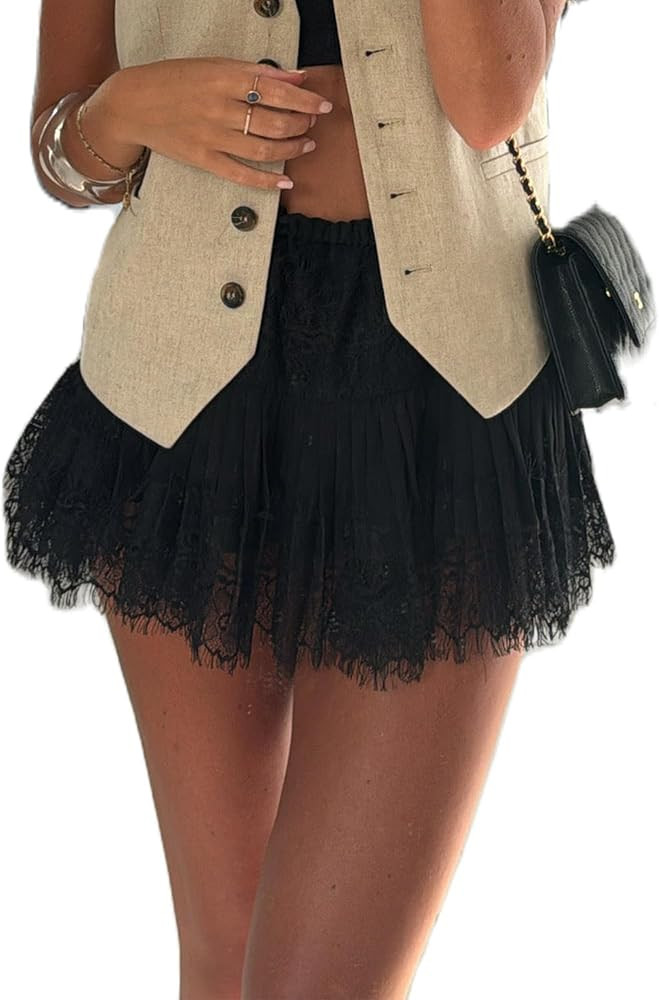 Sunloudy Women Lace Half Slip Skirt Elastic Low Waist Ruffle Pleated Underskirt Layered Flowy Min... | Amazon (US)