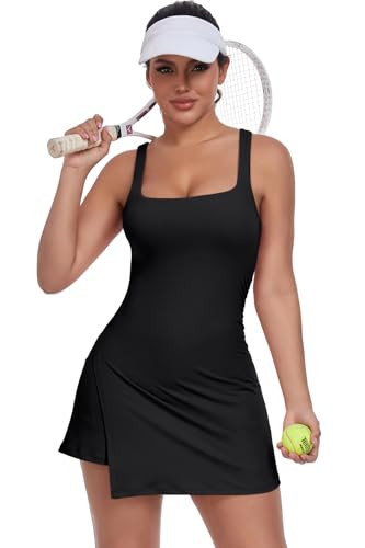 QIQIWUBA Women's Athletic Dress - Cute Tennis Dress with Built-in Shorts & Bra, Square Neck Summer Workout Dress for Golf, Pickleball, Casual Wear, and Sport (Black,X-Large) | Amazon (US)