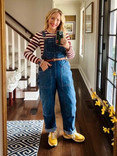 Spring outfit of the day when it’s still cold outside - sunshine yellow sneakers, madewell overalls, stripe layering top, Boden belt 

#LTKsalealert #LTKstyletip #LTKSeasonal