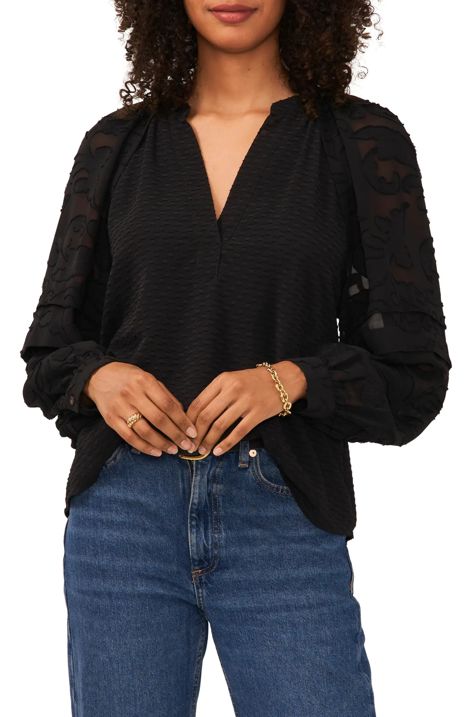 Split Neck Floral Sleeve Blouse | Nordstrom