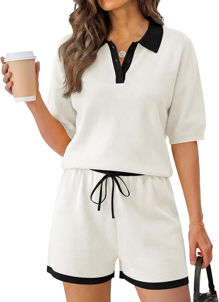 Tankaneo Womens 2 Piece Sweater Short Sets 2026 Summer Vacation Outfits Short Sleeve Knit Collare... | Amazon (US)