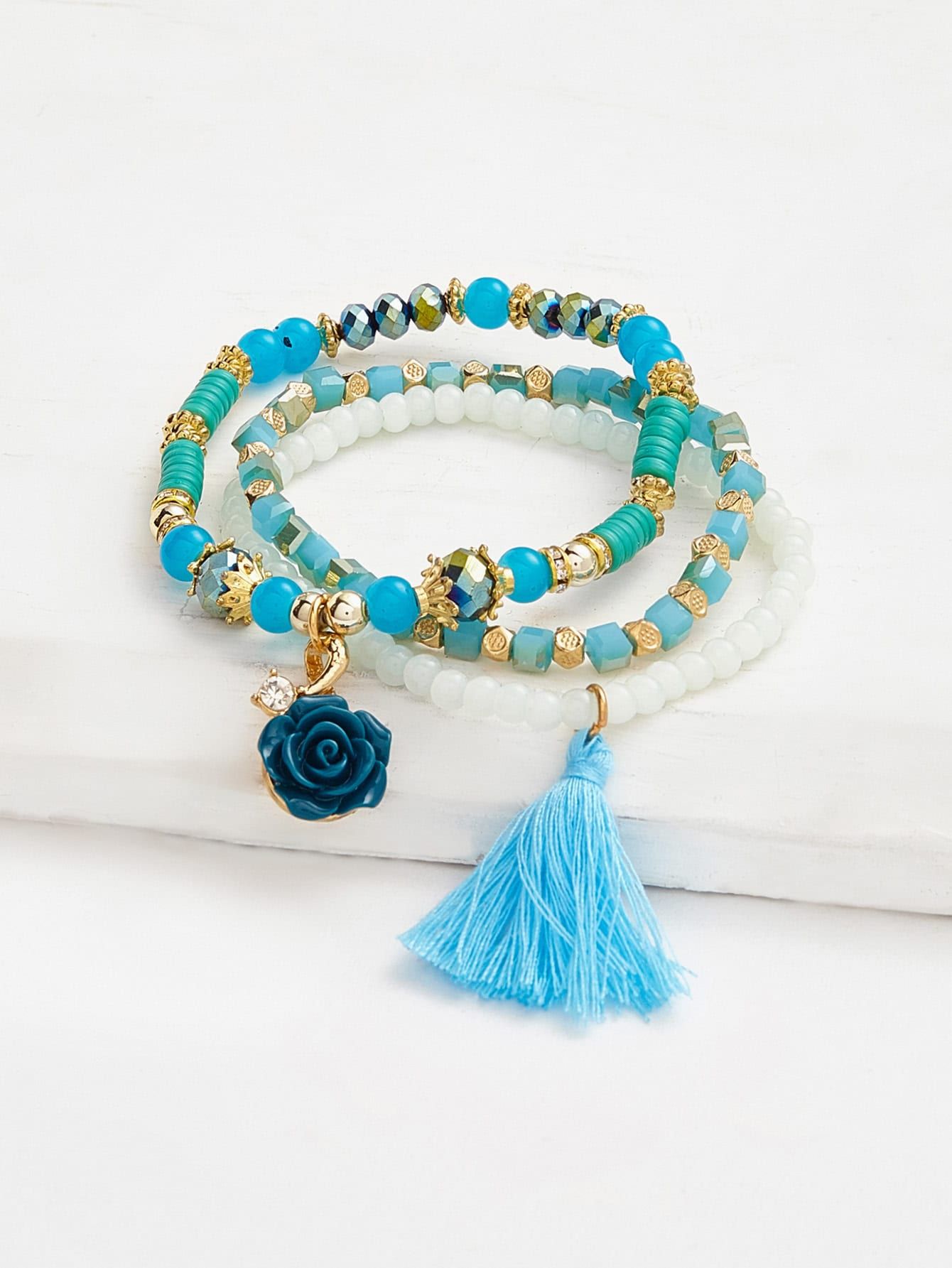 Tassel & Rose Design Beaded Bracelet Set 3pcs | SHEIN