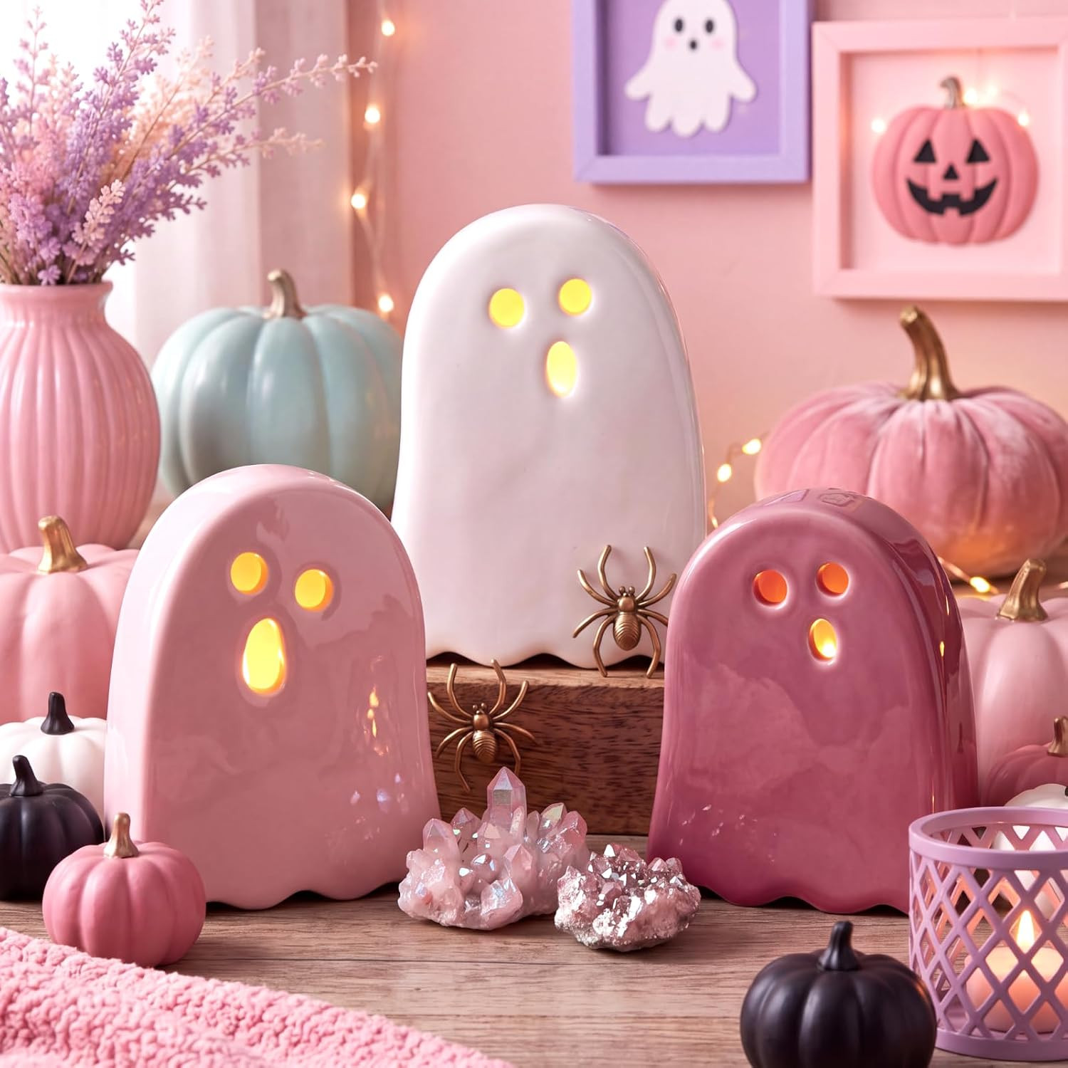 VIHOSE 3 Pcs Pink Halloween Ceramic Ghost Decorations with Tea Light Candle | Amazon (US)