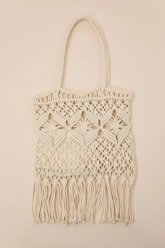 Cambria Ivory Macrame Fringe Tote Bag | Lulus