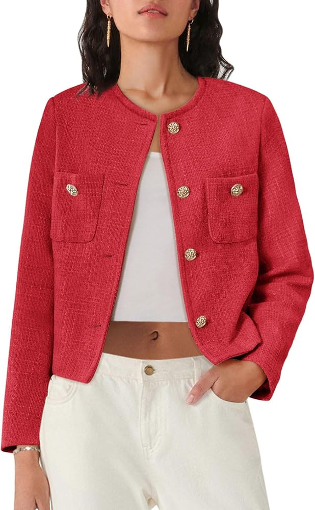 Women's Tweed Blazers Long Sleeve Business Button Down Casual Cropped Blazer Jackets with Pockets | Amazon (US)