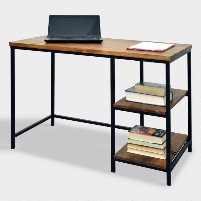 Chestnut Wood and Black Metal Williard Desk with Shelves | World Market