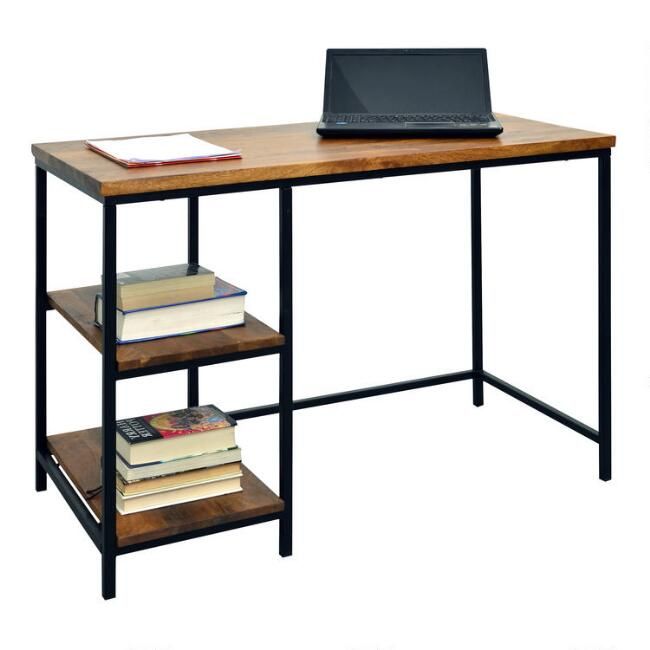 Chestnut Wood and Black Metal Williard Desk with Shelves | World Market