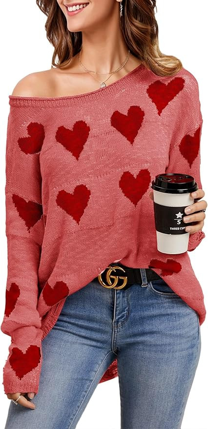 Valentines Heart Sweater for Women Crewneck Long Sleeve Knitted Cute Sweaters Shirts Ripped Hem R... | Amazon (US)