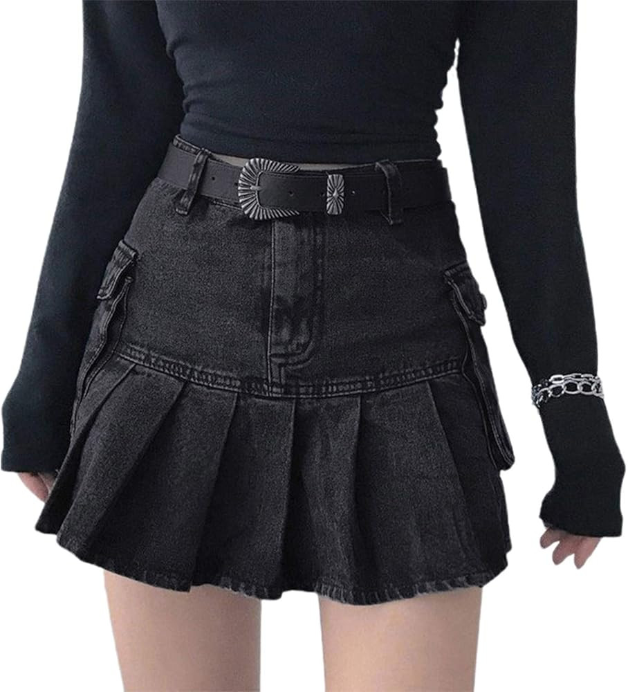 Women's High Waisted Jean Skirt Casual Mini Flared Skater Denim Skirt with Shorts | Amazon (US)