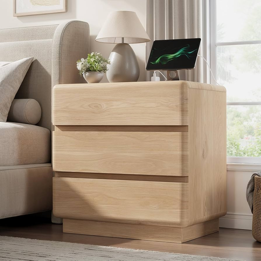 YANSNWO Natural Oak Nightstand with Charging Station, 23.6" Modern Night Stand with 3 Storage Dra... | Amazon (US)