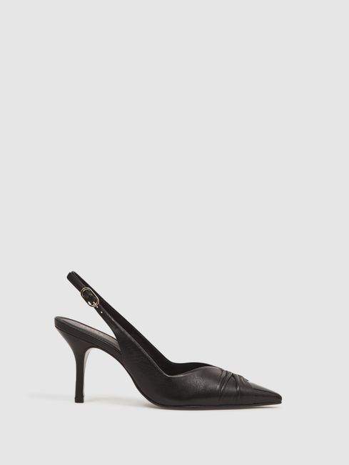 Reiss Black Delilah Mid Heel Leather Sling Back Court Shoes | Reiss UK