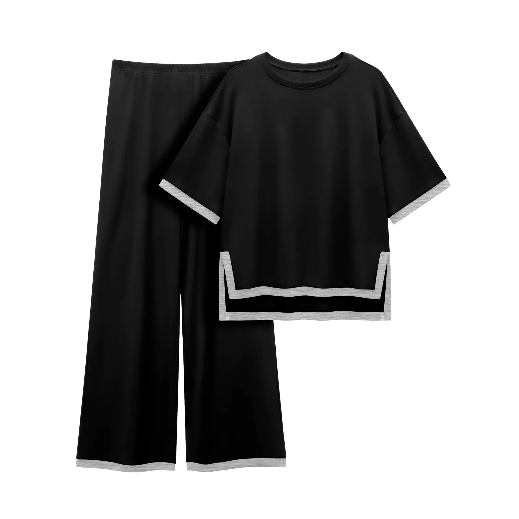 MINTREUS Women's Cotton 2-Piece Loungewear Short-Sleeve Round-Neck Pullover Top Wide-Leg Pants Wo... | Walmart (US)