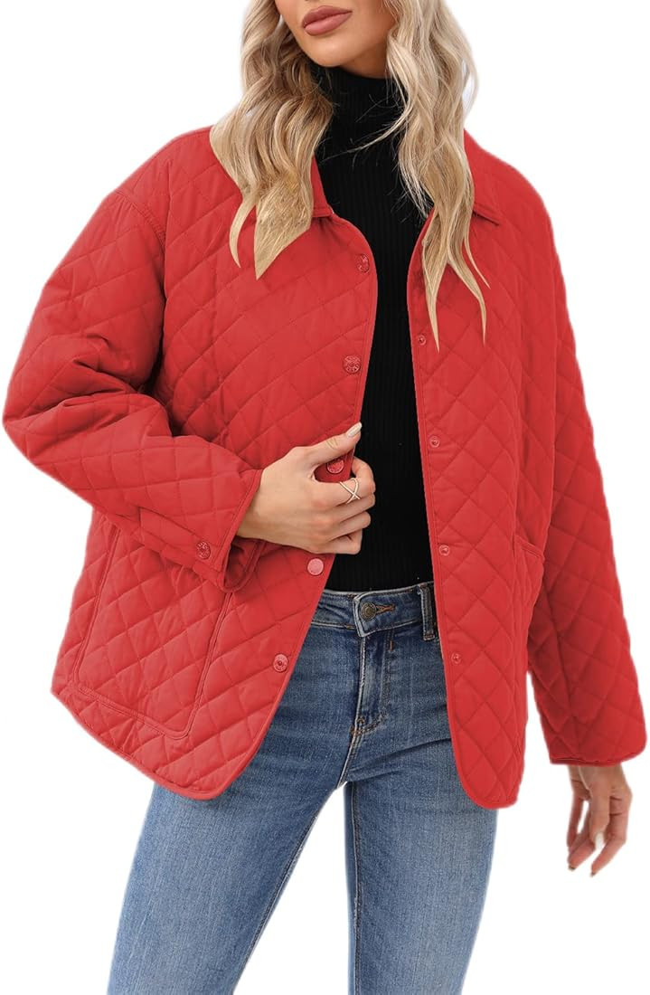 Women's Lapel Lightweight Quilted Jacket Concealed Buckle Long Sleeve Warm Oversized Coat with Two P | Amazon (US)