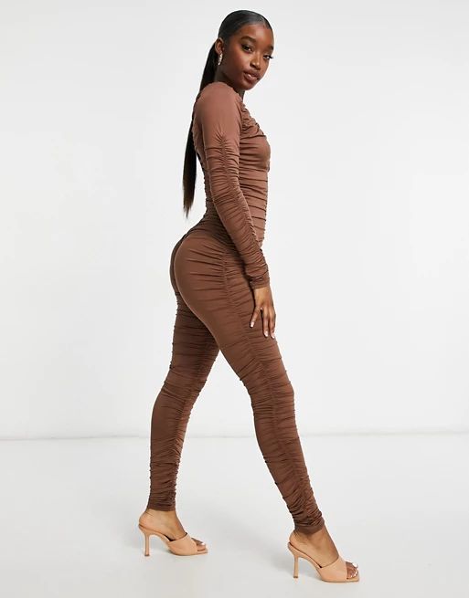 Love & Other Things mesh ruched jumpsuit in chocolate brown | ASOS (Global)