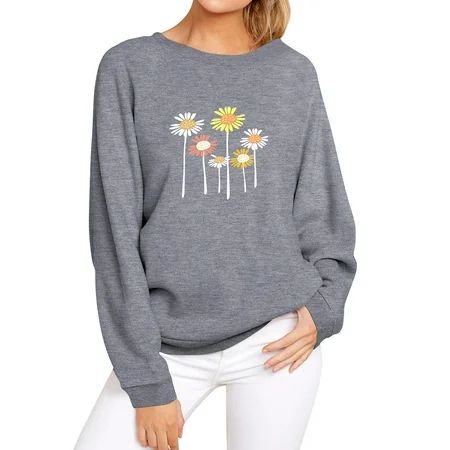 TWZH Women Colorful Daisy Floral Print Round Neck Long Sleeve Sweatshirts Tops | Walmart (US)
