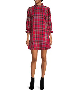 J.Marie Hollin Woven Plaid Mock Neck Long Sleeve Back Bow Dress | Dillard's | Dillard's