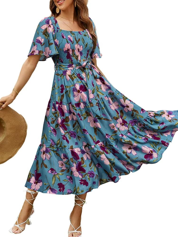 Amegoya Women's Boho Flowy Long Sleeve Square Neck Floral Midi Dress Smocked Spring Fall Wedding ... | Amazon (US)