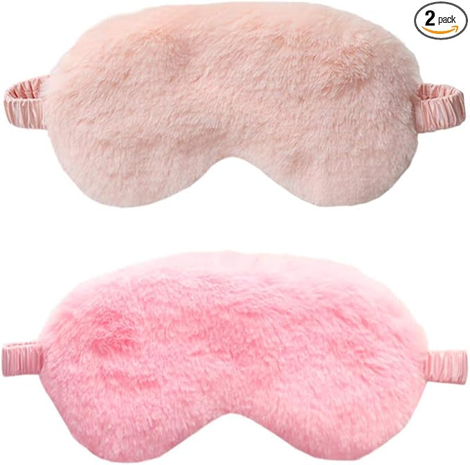 New Faux Fur Eye Mask 2PCS Soft Smooth Plush Satin Nap Eye Cover Sleeping Blindfold (Coral Pink) | Amazon (US)