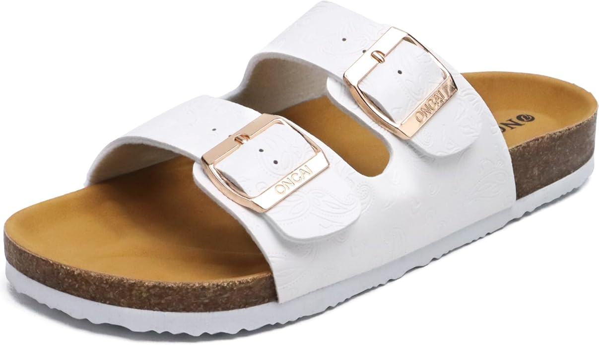 ONCAI Womens Flat Slide Sandals with Arch Support 2 Strap Adjustable Buckle Slip on Slides Shoes ... | Amazon (US)