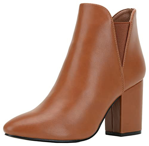 Vepose Women's Brown Chelsea Ankle Boots Chunky Heel, Fall Dressy Booties Low Heel, Pointed Toe Short Boot, 9630 Size 9.5 US with Inside Zipper (CJY9630 Brown 09.5) | Amazon (US)
