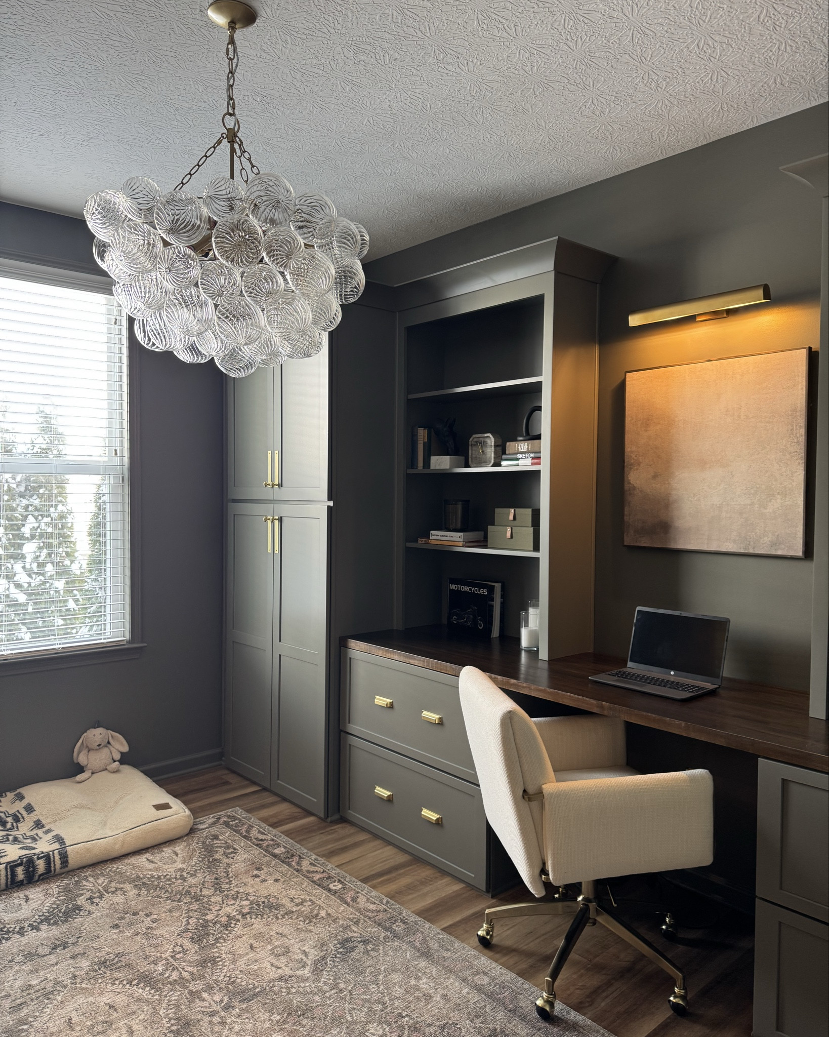 Sharing details from our personal home office remodel! We custom design this layout and color palette to make this space one we would actually want to work in!