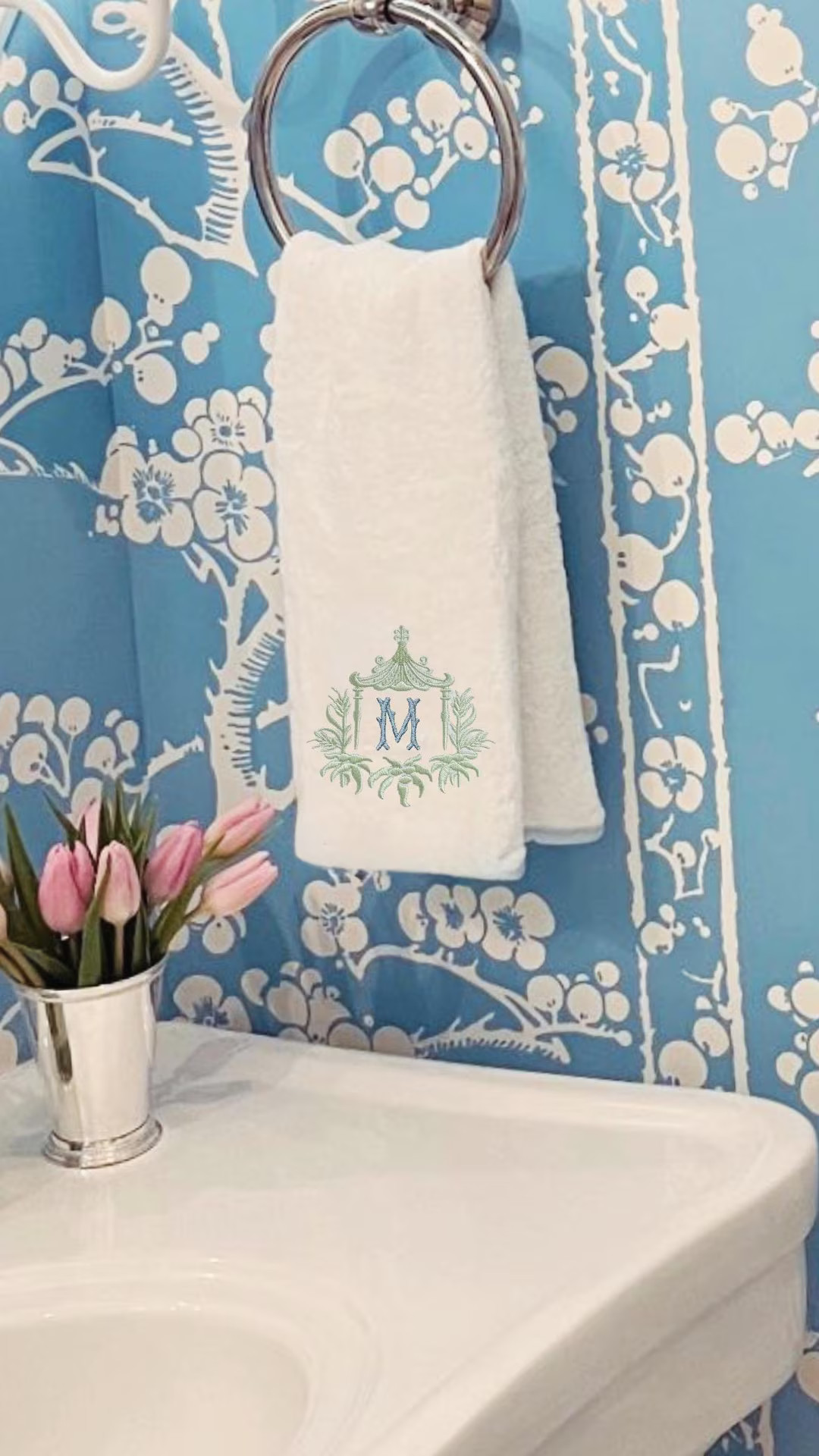 Embroidered Chinoiserie Temple Pagoda Monogram Wheat Pagoda Bamboo Frame Personalized Hand Kitche... | Etsy (US)