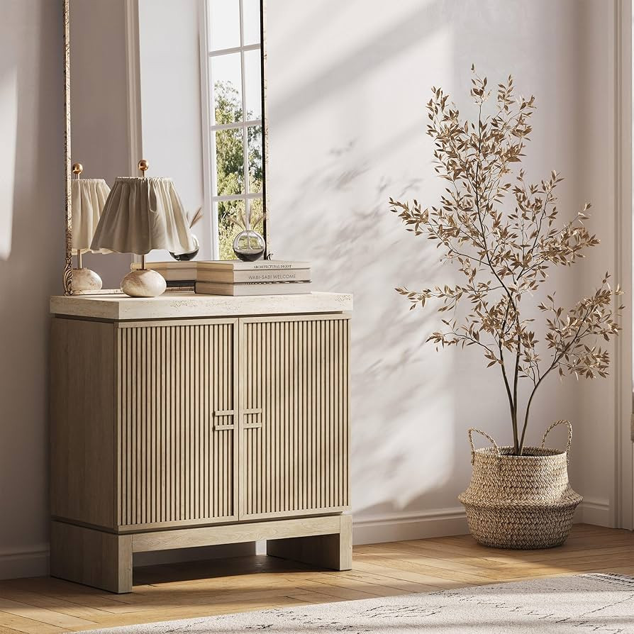 BELLEZE Anton 2 Door Sideboard Buffet Cabinet with Travertine-Look Top, Fluted Reeded Doors, Adju... | Amazon (US)