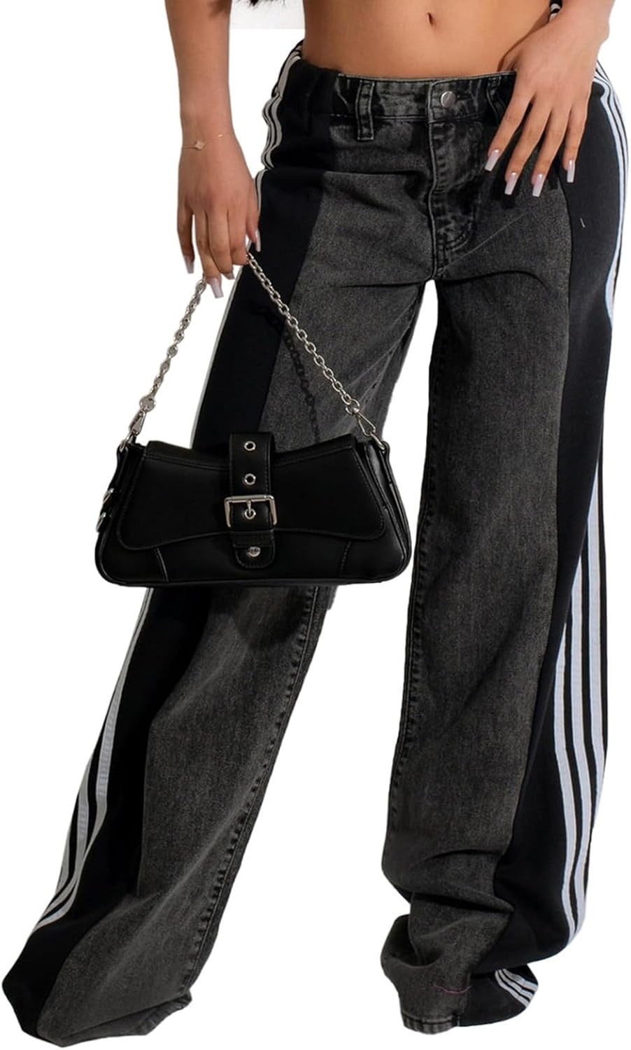 Womens Jeans High Waisted Wide Leg Stripe Patchwork Loose Denim Pant | Amazon (US)