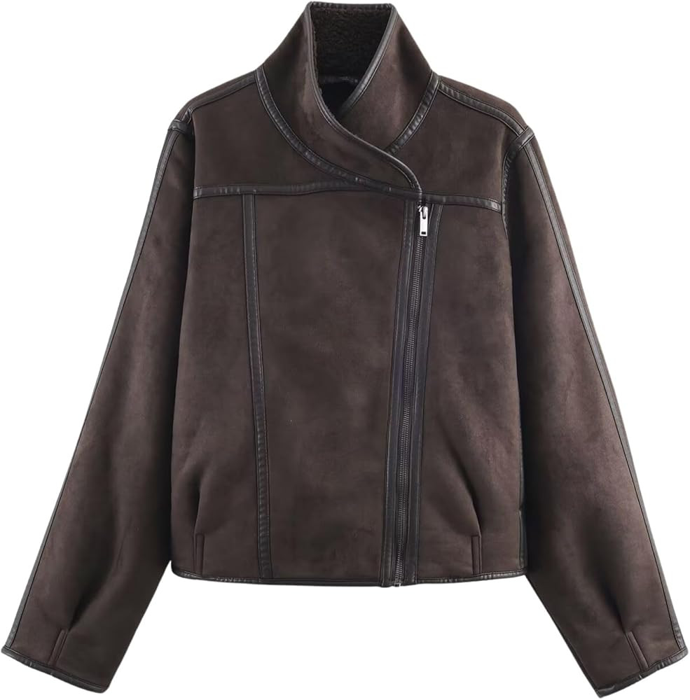 Chevara Women’s Reversible Double-Faced Jacket Slant Front Stand Collar Long Sleeve Cropped Fle... | Amazon (US)