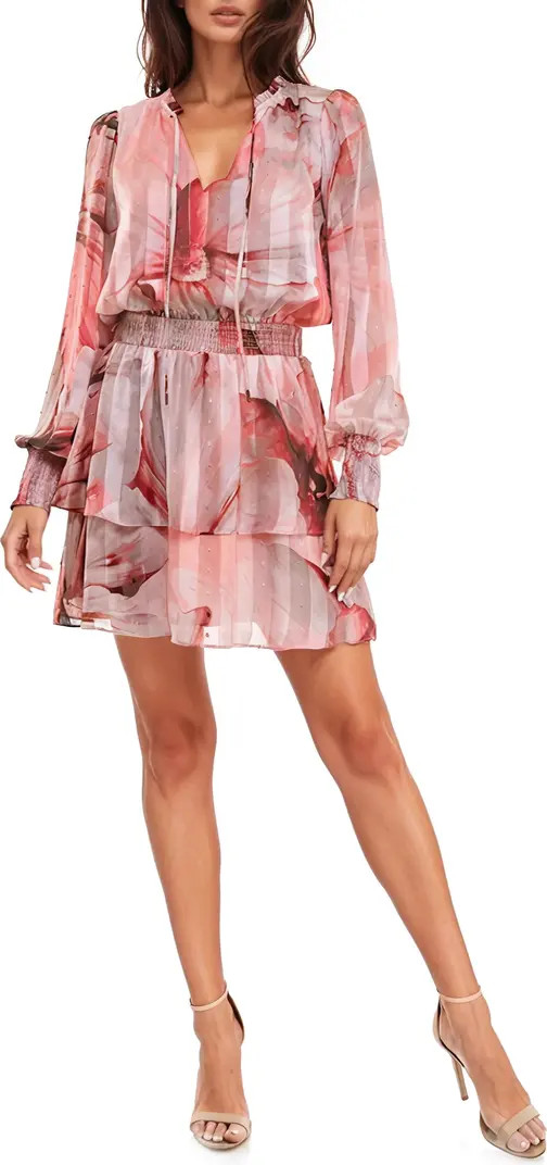 Print Metallic Tiered Long Sleeve Minidress | Nordstrom